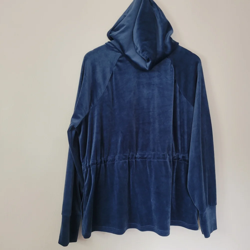 Nine West Blue Velour Zip-Up Hoodie Spring Soft Everyday Lounge Drawstring Waist - Picture 2 of 6